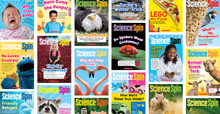 Collage of Science Spin magazine covers featuring animals, food, nature, and everyday science topics