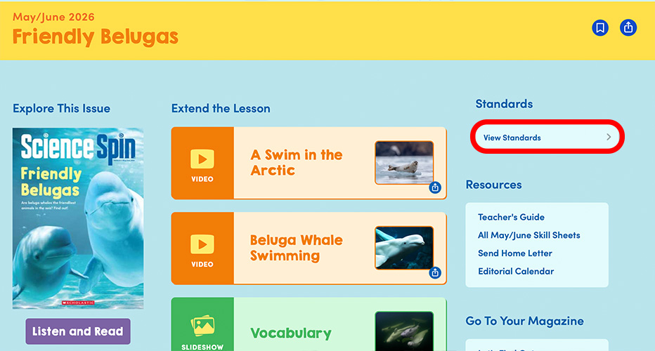 A digital lesson page for Friendly Belugas with videos, resources, and a View Standards button highlighted
